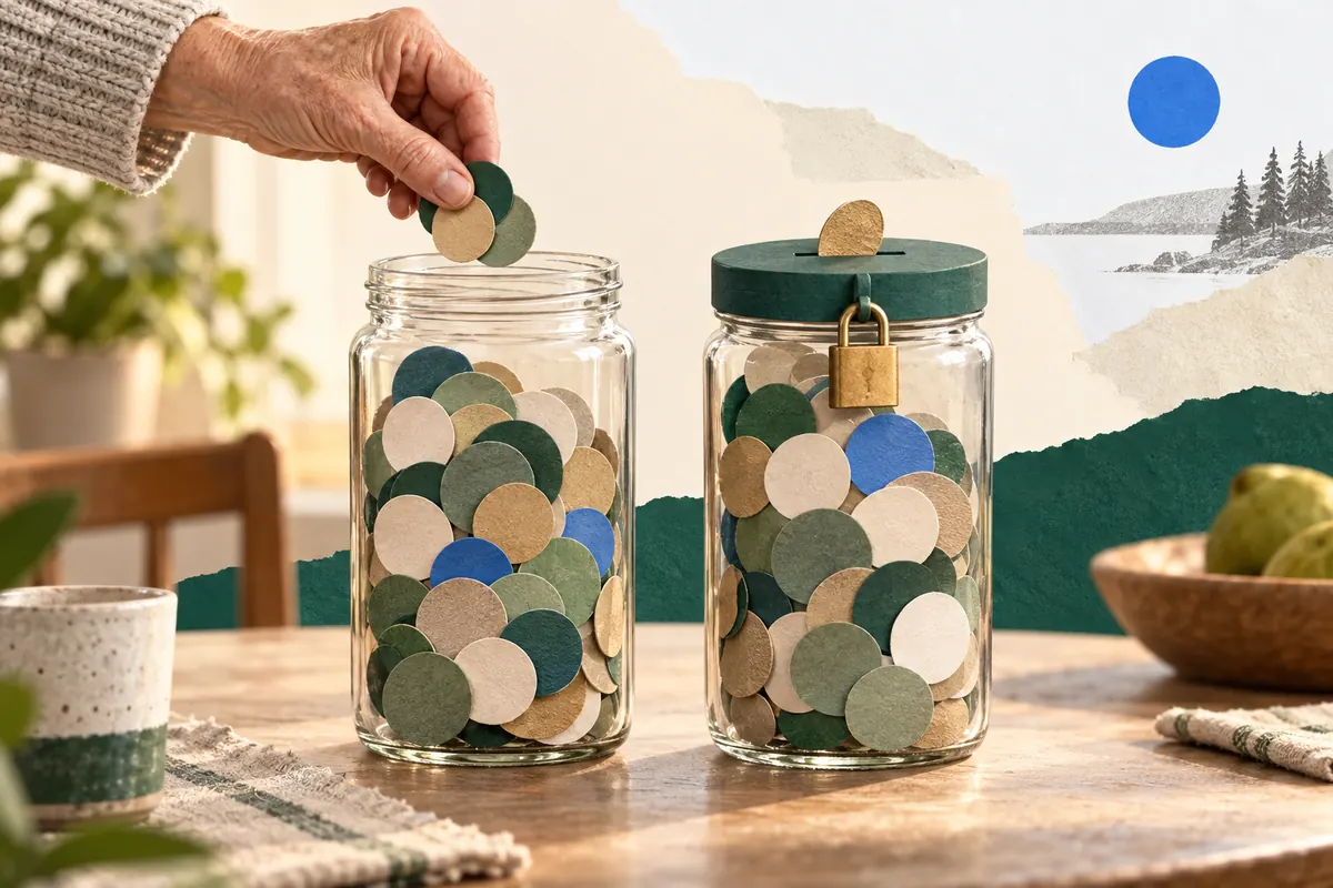 Collage of an open RRIF savings jar beside a padlocked LIF jar