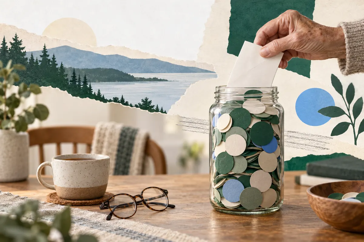 Collage of an older hand holding an envelope above a jar of RRIF savings